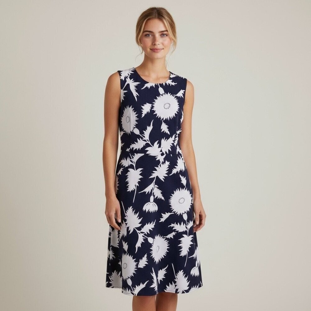 NWT Isaac Mizrahi Navy Blue White & Floral Cotton Sleeveless Dress Size 8